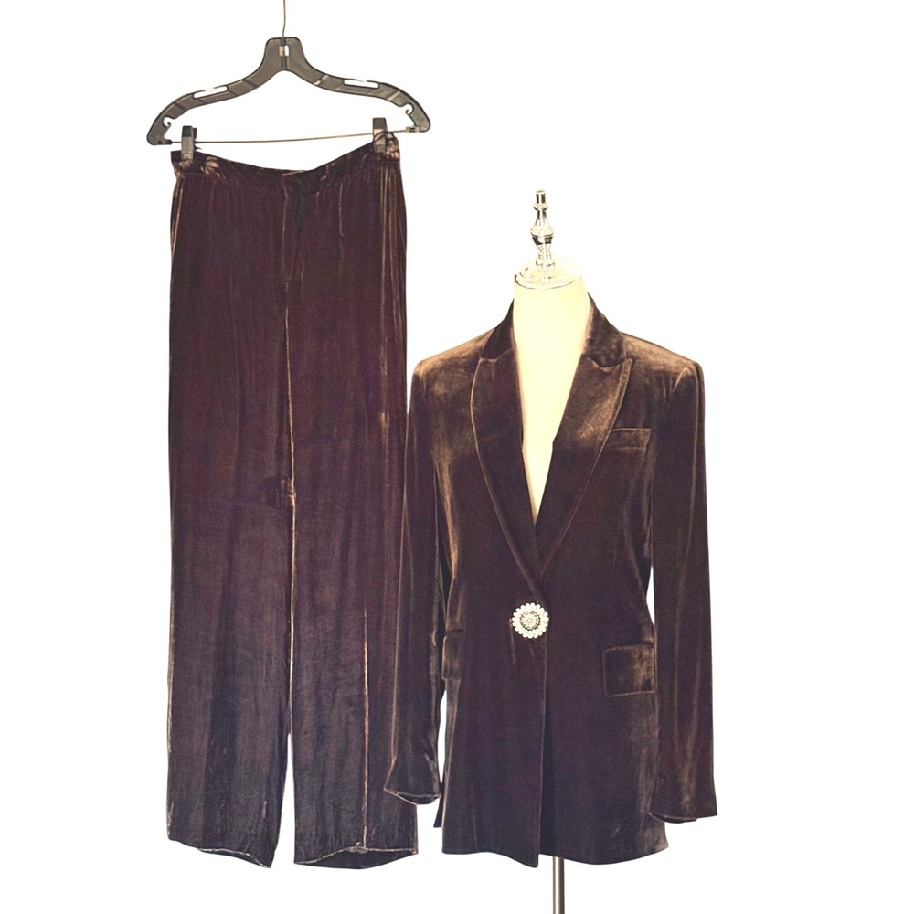 ZARA Silk Blend Velvet Blazer Brown Jeweled Custom Button Small